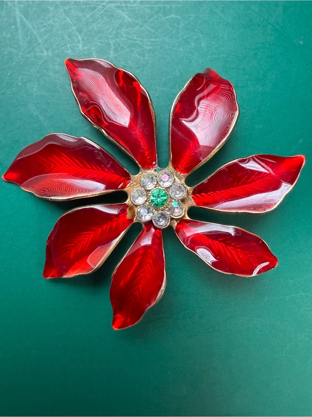 Vintage Poinsettia Flower Brooch Enamel & Clear and Green rhinestones